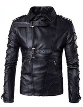 Black Leather Biker Jacket with lace-up sleeves and durable hardware in sleek black leather