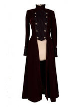Wine red gothic velvet long tailcoat jacket for women with Victorian double-breasted design