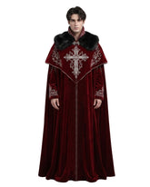 Men’s deep-red fur cloak with black collar, silver cross embroidery, high neckline and floor-length Gothic costume design.