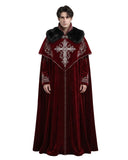 Men’s deep-red fur cloak with black collar, silver cross embroidery, high neckline and floor-length Gothic costume design.