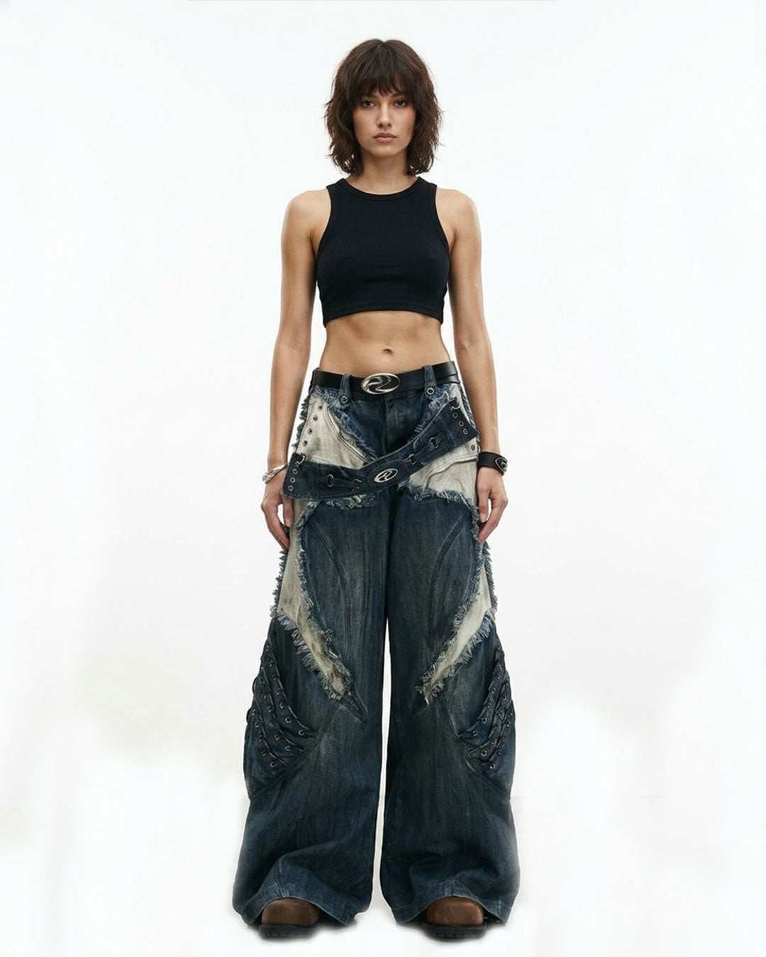 Personsoul Armor Raw Edge Jeans with armored silhouette and raw edge design for high-concept streetwear