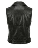 Women's Black Moto Leather Vest with zippered front and adjustable straps for a stylish biker look