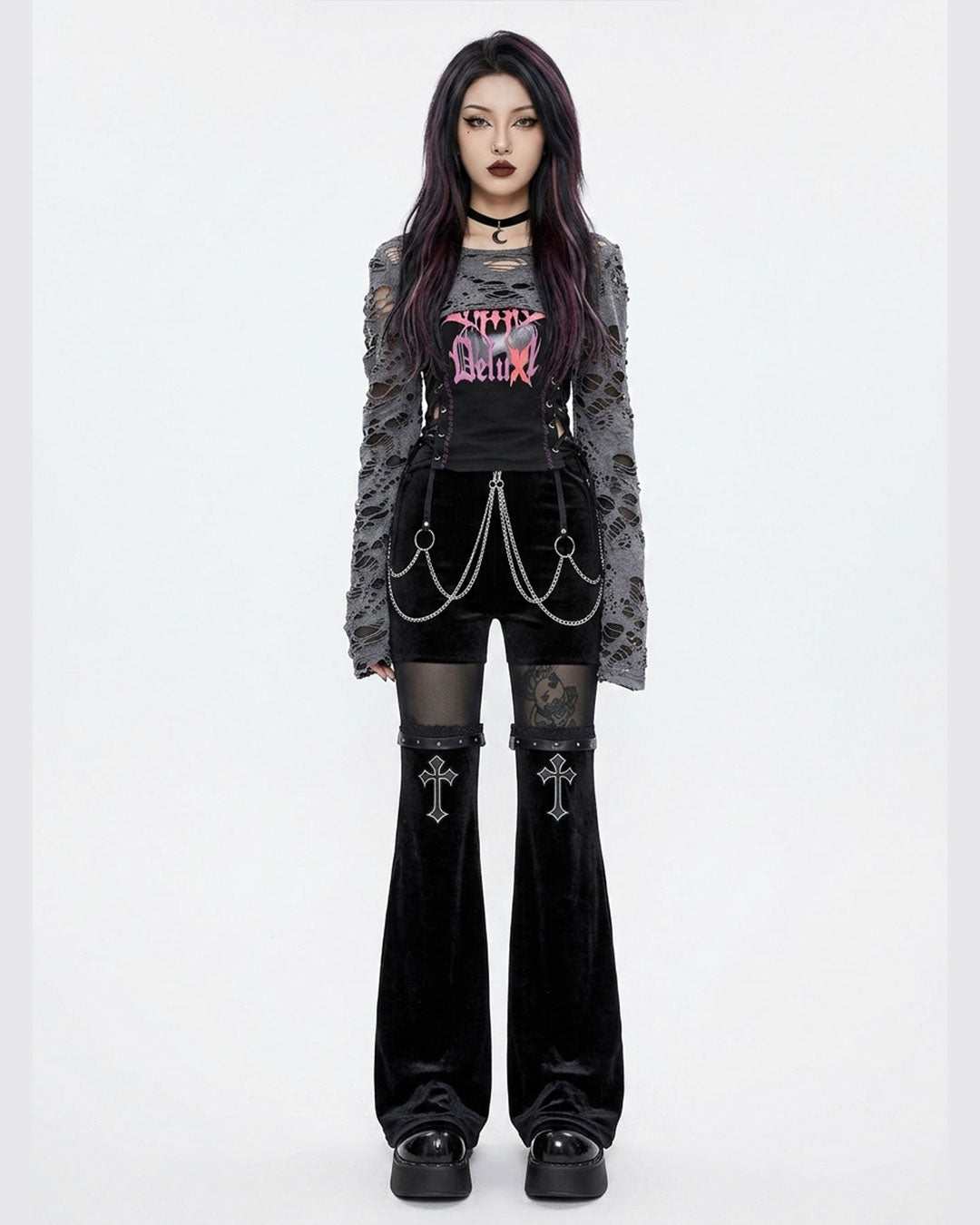 ROMWE Goth velvet and mesh chain pants with cross embroidery for women