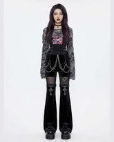 ROMWE Goth Velvet & Mesh Chain Pants – Cross Embroidery Women’s Trousers