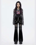 ROMWE Goth velvet and mesh chain pants with cross embroidery for women