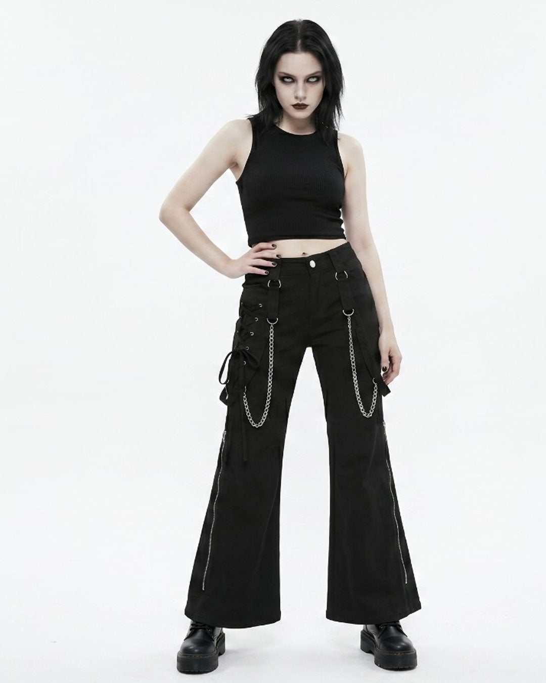 GENEMA women's Gothic wide leg cargo pants with chains and side zippers in edgy streetwear style