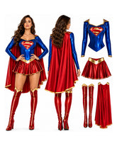 Supergirl costume set shown on a model from the front and back, plus separate views of the outfit components: bodysuit, cape, skirt, boots, and top. The costume is primarily red and blue with gold trim and a red-and-yellow S-shield logo.