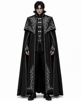 Men’s black vampire cloak costume with high collar, silver Gothic embroidery, front clasps and a floor-length medieval cape design.