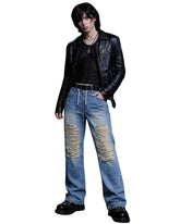 Men's distressed denim baggy jeans with ripped front and bold Y2K graphic back design in light blue wash