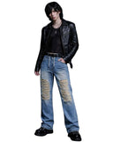Men's distressed denim baggy jeans with ripped front and bold Y2K graphic back design in light blue wash
