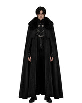 Men’s black Gothic vampire cloak with fur-style collar, silver chain clasps, tonal ornamentation and a floor-length medieval silhouette.