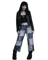 Women's gothic patchwork jeans with contrasting denim panels and wide-leg grunge Y2K fit, front view