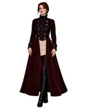 Wine red gothic velvet double-breasted tailcoat for women with Victorian-inspired design and luxurious texture