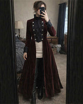 Wine red gothic velvet women's double-breasted tailcoat jacket with Victorian lapels