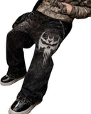 Unisex Gothic Skull graphic black Y2K baggy jeans with detailed skull embroidery and vintage-washed denim