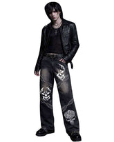 Death Skull Studded Unisex Gothic Wide Leg Denim Pants | TRIPPPRS
