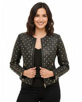 Women's Black Quilted Leather Jacket with Gold Studded Accents