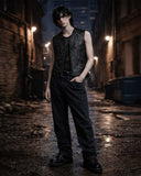 Men's edgy biker style black faux leather vest with studs and gothic embroidered cross detail