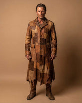 Men's brown leather pirate trench coat with patchwork design and tattered hem