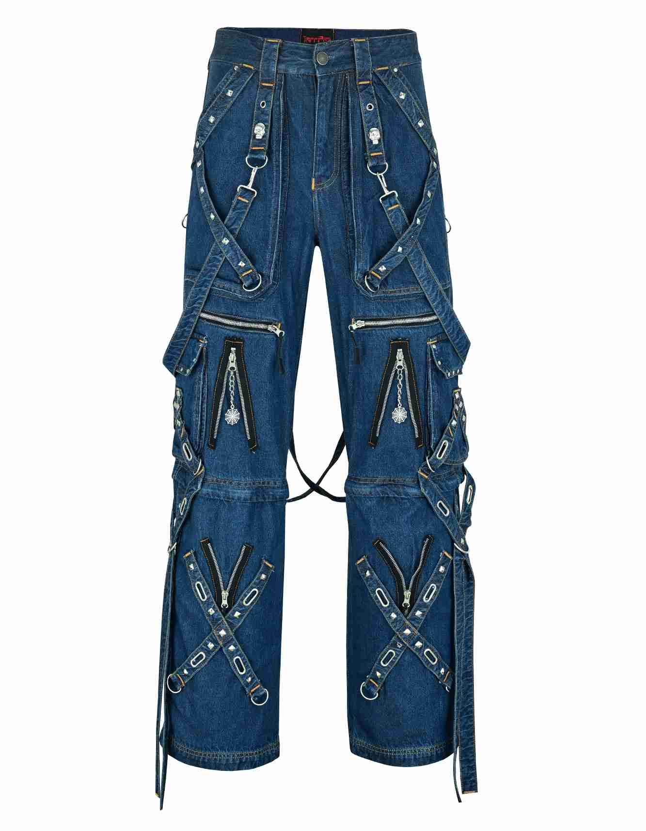 Trippprs Denim Cargo Pants with strap accents, metal hardware, multiple pockets, and loose fit for streetwear style