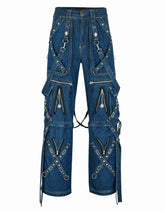 Trippprs Denim Cargo Pants with strap accents, metal hardware, multiple pockets, and loose fit for streetwear style