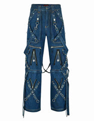Trippprs Denim Cargo Pants with strap accents, metal hardware, multiple pockets, and loose fit for streetwear style