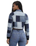 Women Short Patchwork Denim Jacket cropped blue denim with patchwork panels and streetwear style