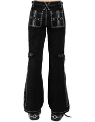 Modern Gothic wide leg night pants with white stitch edging and black gothic styling