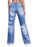 Trippprs Women Heart Print distressed wide-leg jeans with heart and butterfly graphics