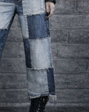 Gothic patchwork jeans women wide leg denim pants with grunge Y2K style and contrasting stitched panels