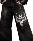 Unisex Gothic Skull baggy streetwear pants with skull embroidery and vintage-washed dark denim.