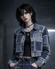 Patch work denim suite with cropped jacket and wide-leg pants in gothic streetwear style