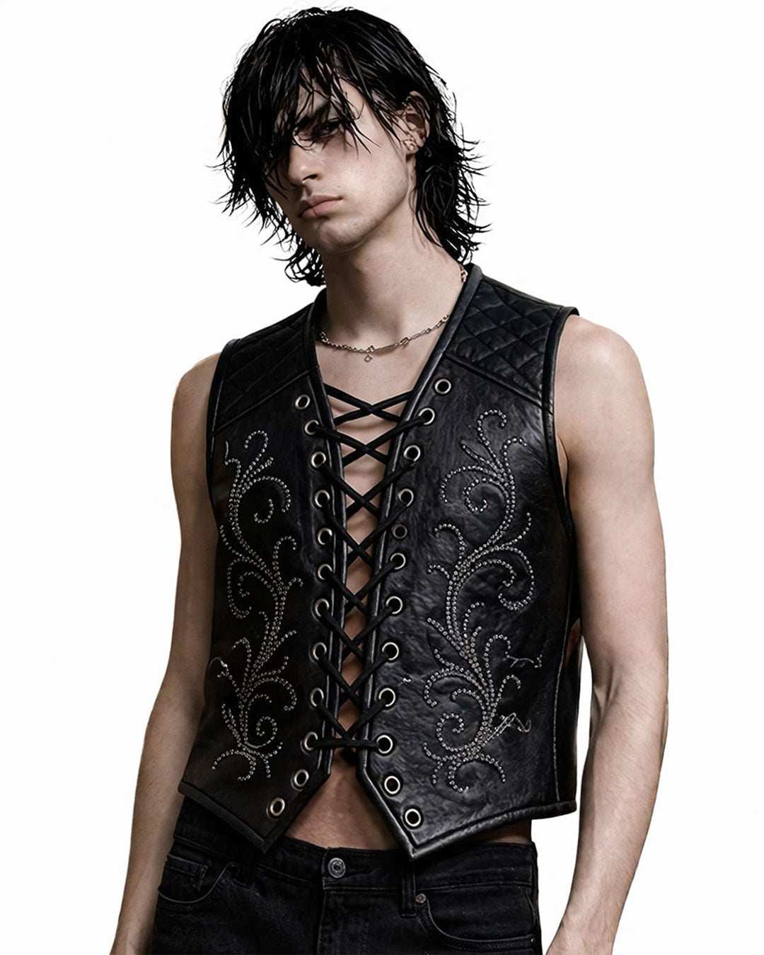 Black Lace Up Gothic Leather Vest with stud patterns and rhinestones by TRIPPPRS