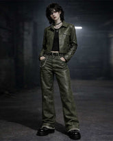 Model wearing 2026 green leather suite with wide-leg trousers and cropped jacket in gothic streetwear style