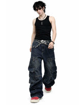 Men’s wide leg denim pants with relaxed gothic fit in dark streetwear style