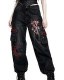 Denim cargo pants for women in black with utility pockets and bold red gothic graphic artwork shown in lifestyle front view and back view.