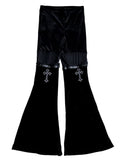 ROMWE Goth Velvet & Mesh Chain Pants – Cross Embroidery Women’s Trousers