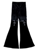 ROMWE Goth velvet and mesh pants with cross embroidery and metal chains for women