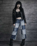 Gothic patchwork jeans women with wide leg, grunge Y2K style denim pants
