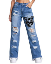 Trippprs Women Heart Print distressed wide leg jeans with heart and butterfly graphics