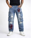 Light blue baggy cargo jeans for women with utility pockets, front view