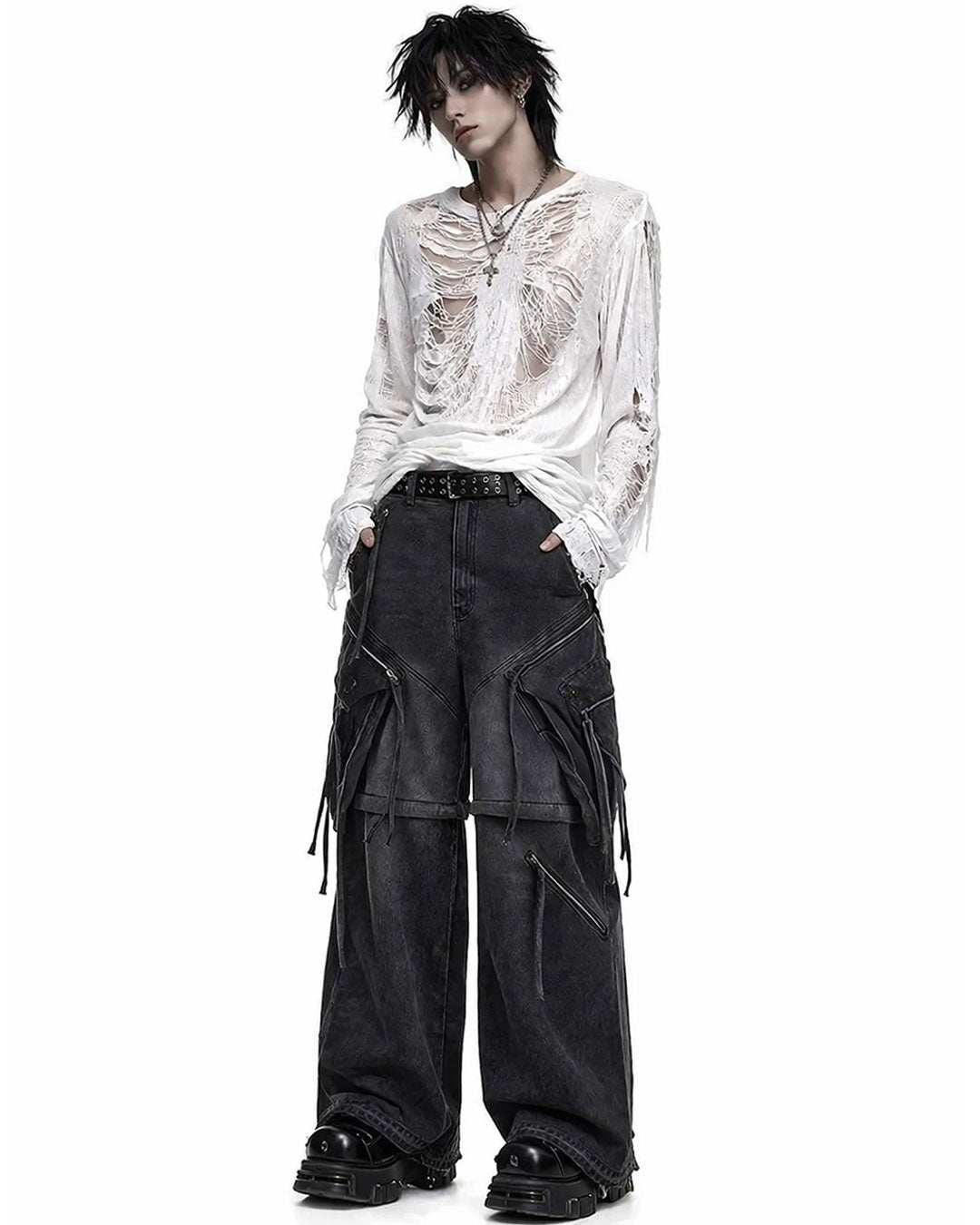 Cargo jeans for men loose fit in dark washed denim with wide-leg shape, oversized cargo pockets, zip details, and hanging strap accents shown in front and back view.