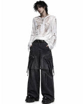 Cargo jeans for men loose fit in dark washed denim with wide-leg shape, oversized cargo pockets, zip details, and hanging strap accents shown in front and back view.