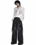 Cargo jeans for men loose fit in dark washed denim with wide-leg shape, oversized cargo pockets, zip details, and hanging strap accents shown in front and back view.