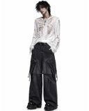Cargo jeans for men loose fit in dark washed denim with wide-leg shape, oversized cargo pockets, zip details, and hanging strap accents shown in front and back view.