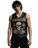 Deathless Skull Leather Vest with gothic skull and roses design in black faux leather for bold streetwear style