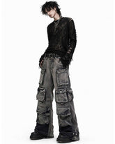 Mens wrangler cargo jeans in washed grey-black denim with baggy wide-leg fit and oversized utility pockets shown in front and back view.