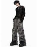Mens wrangler cargo jeans in washed grey-black denim with baggy wide-leg fit and oversized utility pockets shown in front and back view.