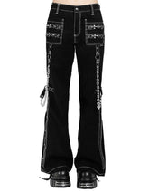 Modern Gothic wide leg night pants with white stitch edging and gothic streetwear style
