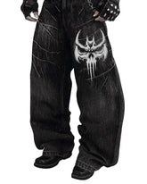 Unisex Gothic Skull baggy streetwear pants with skull embroidery and vintage-washed denim